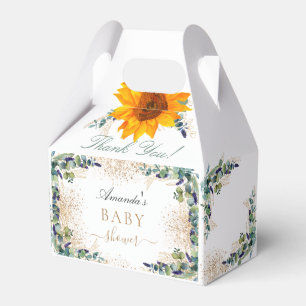 Baby shower sunflowers eucalyptus gold glitter favour box