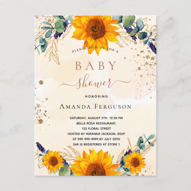 Baby Shower sunflowers eucalyptus gold glitter Invitation Postcard (Front)