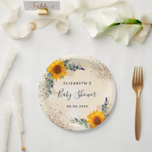 Baby shower sunflowers eucalyptus greenery glitter paper plate