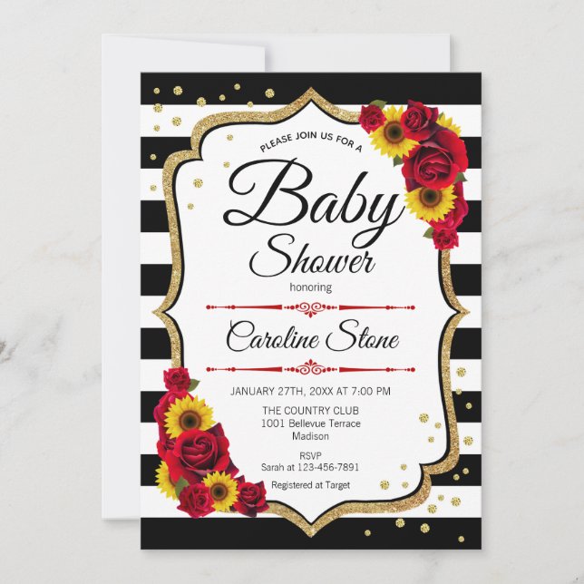 Baby Shower - Sunflowers Red Roses Gold Invitation (Front)