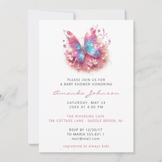Baby Shower Sweet 16th Butterfly Girl  Pink White  Invitation (Front)