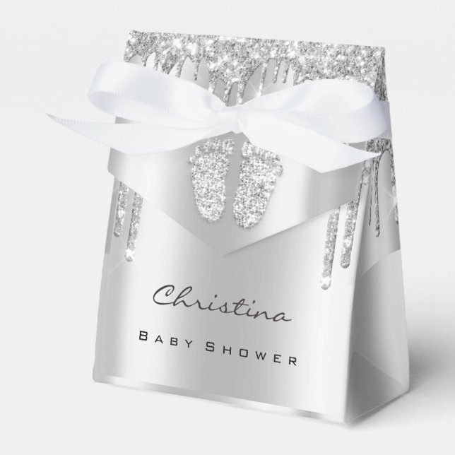 Baby Shower Sweet Feet Drips Silver Grey Glitter  Favour Box (Front Side)