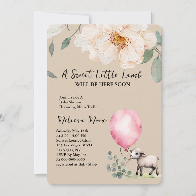 Baby Shower Sweet Little Lamb Pink Balloon Invitation (Front)
