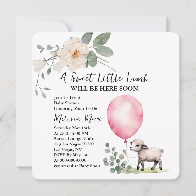Baby Shower Sweet Little Lamb Pink Balloon Invitation (Front)