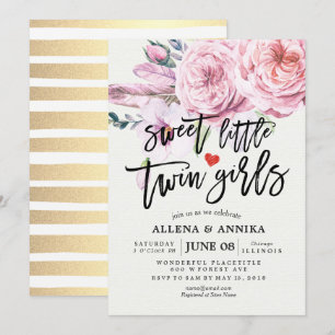 Baby Shower Sweet Little Twin Girls Boho Flowers Invitation