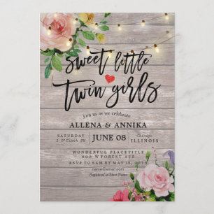Baby Shower Sweet Little Twin Girls Flowers Wood Invitation