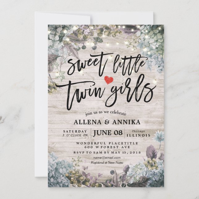 Baby Shower Sweet Little Twin Girls Flowers Wood Invitation (Front)