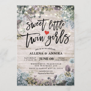 Baby Shower Sweet Little Twin Girls Flowers Wood Invitation