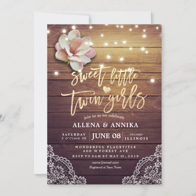 Baby Shower Sweet Little Twin Girls Flowers Wood Invitation (Front)