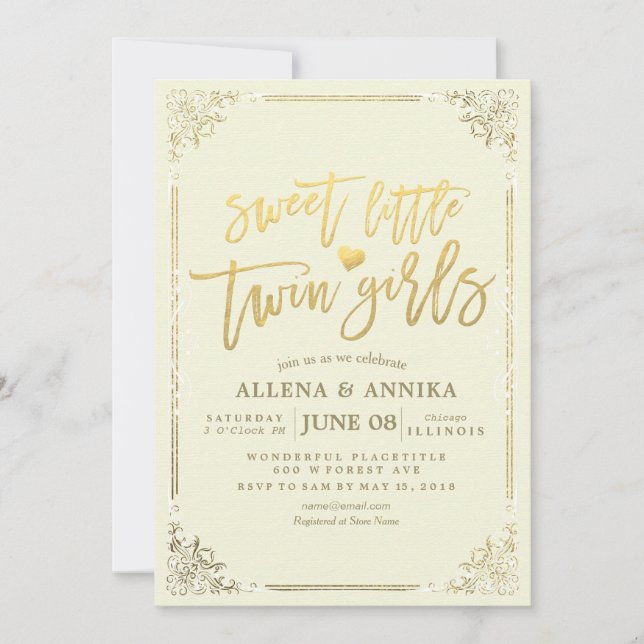 Baby Shower Sweet Little Twin Girls Gold Frame Invitation (Front)