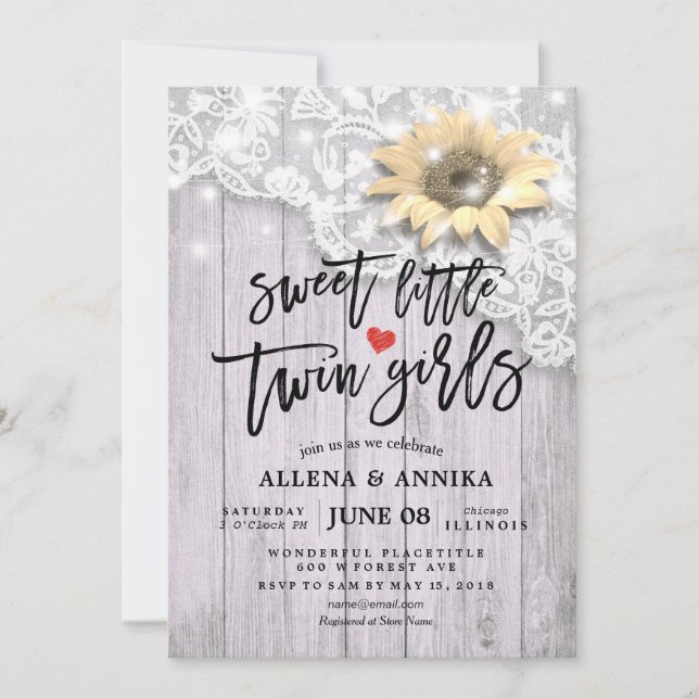 Baby Shower Sweet Little Twin Girls Lace Sunflower Invitation (Front)