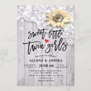 Baby Shower Sweet Little Twin Girls Lace Sunflower Invitation