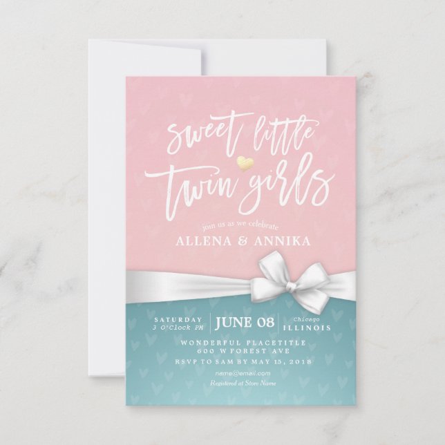 Baby Shower Sweet Little Twin Girls White Ribbon Invitation (Front)