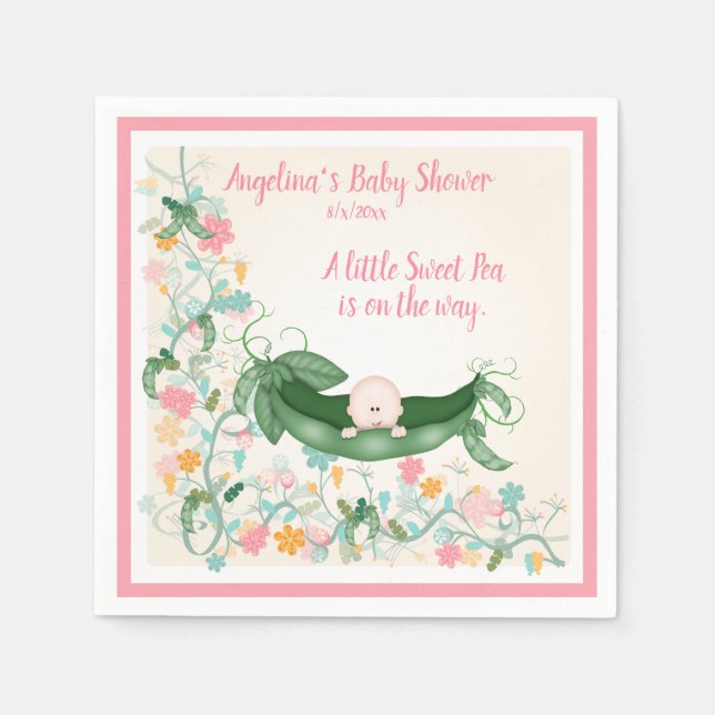 Baby Shower Sweet Peas Pead Pods Pink Green Napkin (Front)