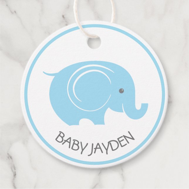 Baby Shower Tag with Elephant for Boy (Front)