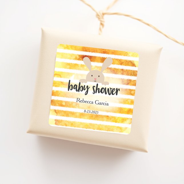 Baby Shower Tan Bunny Yellow White Stripe Square Sticker (Creator Uploaded)