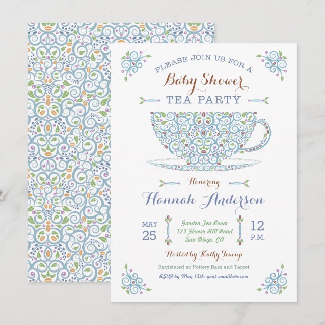 Baby Shower Tea Party- Baby Boy II Invitation (Front/Back)