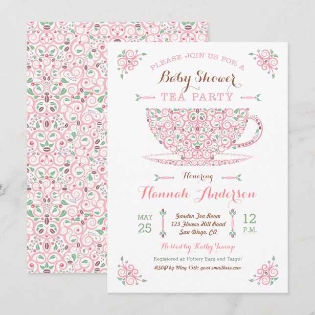 Baby Shower Tea Party- Baby Girl II Invitation (Front/Back)