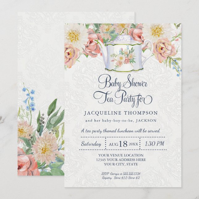Baby Shower Tea Party Dusty Blue Blush Pink Teapot Invitation (Front/Back)