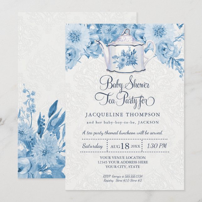 Baby Shower Tea Party Dusty Blue Flowers w Teapot Invitation (Front/Back)