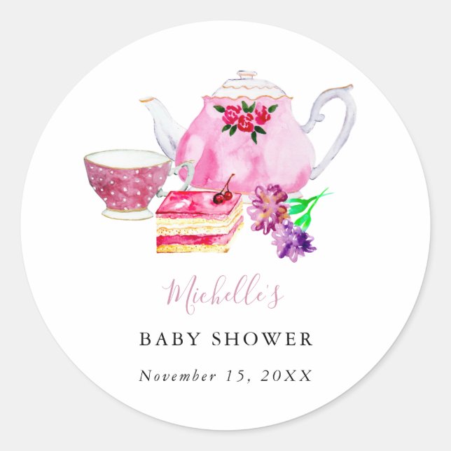 Baby Shower Tea Party Dusty Rose Teapot Classic Round Sticker (Front)