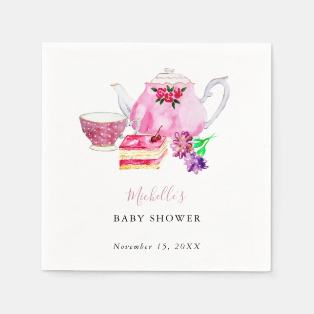 Baby Shower Tea Party Dusty Rose Teapot Napkin (Front)