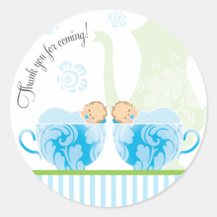 Baby Shower Tea Party Favour Sticker     Twin Boys