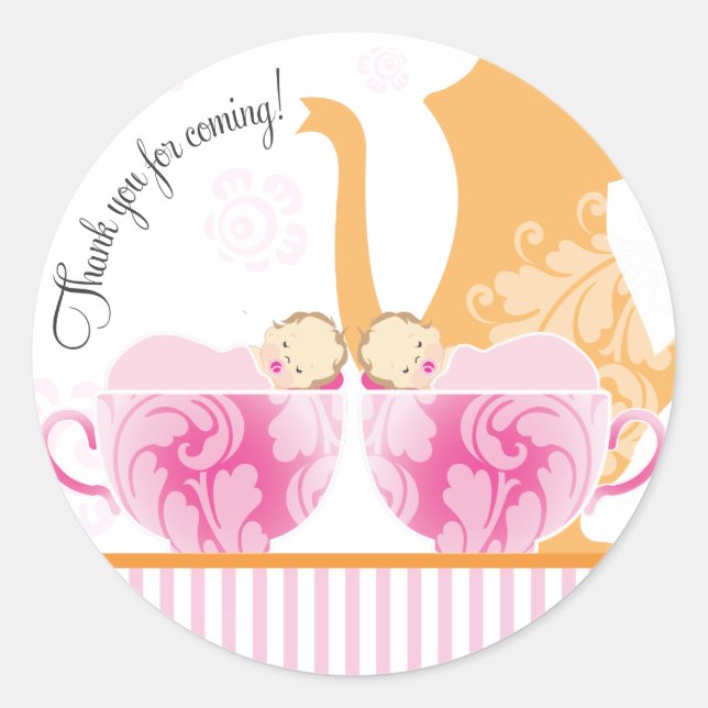 Baby Shower Tea Party Favour Sticker  |  Twin Girl (Front)