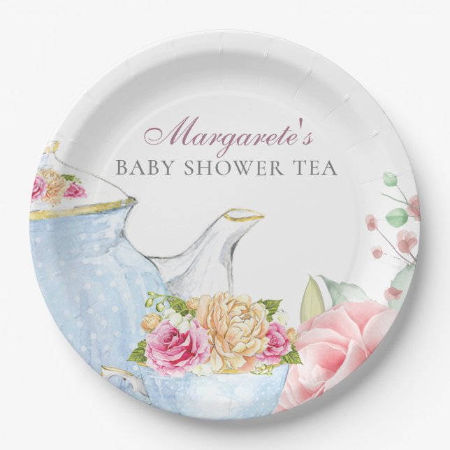 Baby Shower Tea Party Floral Elegant Personalised Paper Plate (Front)
