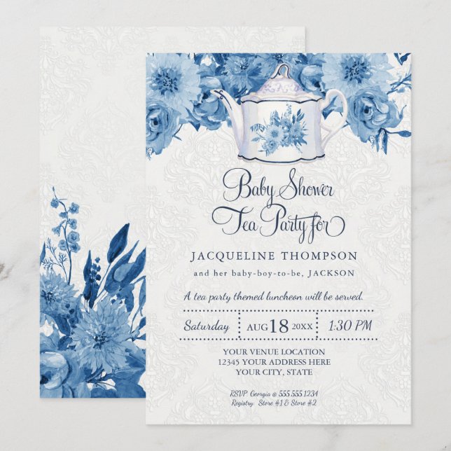 Baby Shower Tea Party Navy Blue Floral w Teapot Invitation (Front/Back)