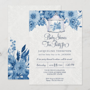 Baby Shower Tea Party Navy Blue Floral w Teapot Invitation