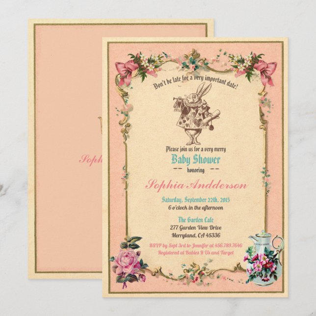 Baby shower tea party pink sip and see invitation (Front/Back)