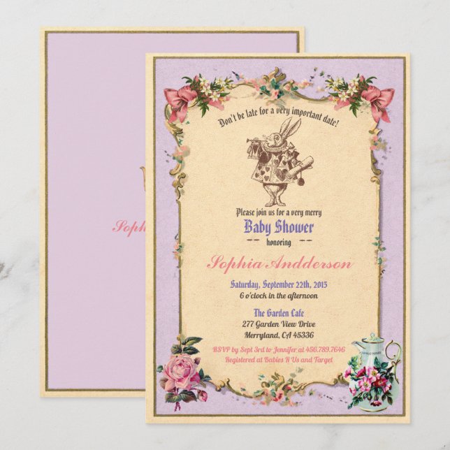 Baby shower tea party purple lilac sip and see invitation (Front/Back)