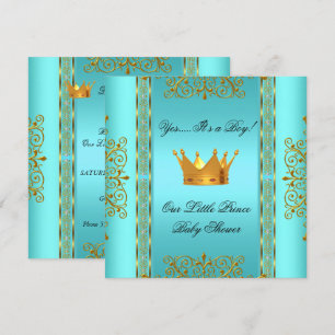Baby Shower Teal Blue Gold Boy Prince Crown Invitation