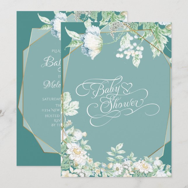 Baby Shower | Teal Wildflowers Berries Geometric Invitation (Front/Back)