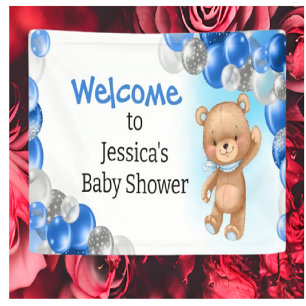 Baby Shower Teddy Balloons Blue Banner
