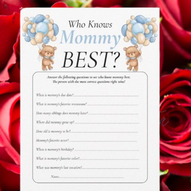 Baby Shower. teddy balloons  Blue Who Knows Mummy  Invitation (Celebrate your baby shower with adorable blue teddy bear decor and fun Mommy or Daddy games. )