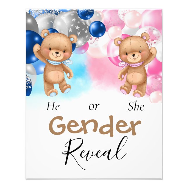 Baby Shower Teddy Balloons Gender Reveal  Photo Print (Front)