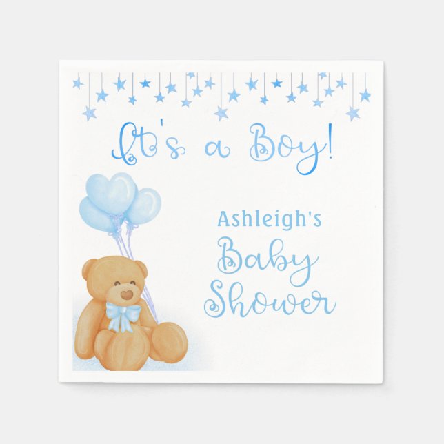 Baby Shower Teddy Bear Blue Balloons ITS A BOY Napkin (Front)