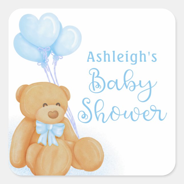 Baby Shower Teddy Bear Blue Heart Balloons Square Sticker (Front)