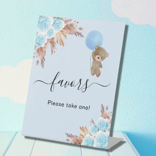 Baby shower teddy bear blue pampas grass favors pedestal sign