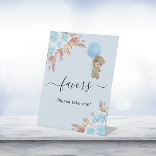 Baby shower teddy bear blue pampas grass favours pedestal sign