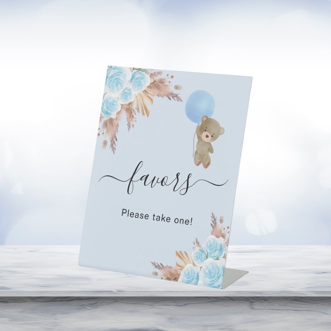Baby shower teddy bear blue pampas grass favours pedestal sign (Creator Uploaded)
