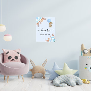 Baby shower teddy bear blue pampas grass favours poster