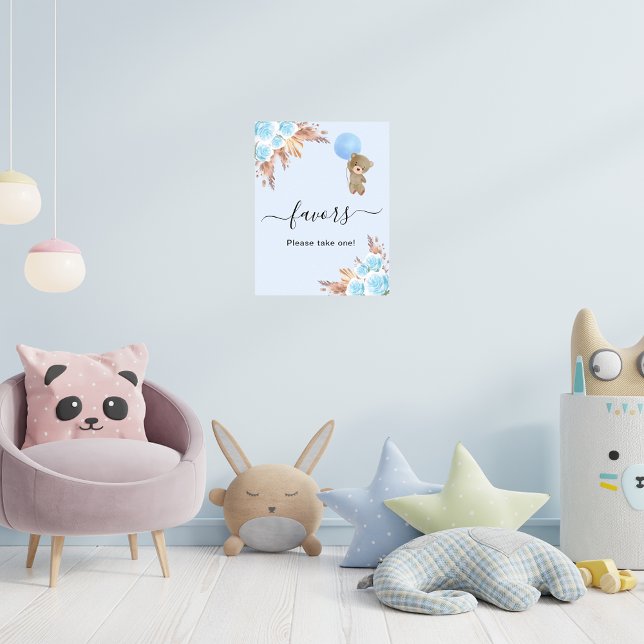 Baby shower teddy bear blue pampas grass favours poster (Creator Uploaded)