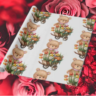 Baby Shower Teddy Bear Blue rustic floral Wrapping Paper