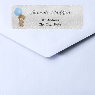 Baby Shower teddy bear blue silver return address