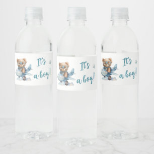 Baby Shower teddy bear blue Water Bottle Label