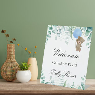 Baby shower teddy bear boy blue eucalyptus forest pedestal sign