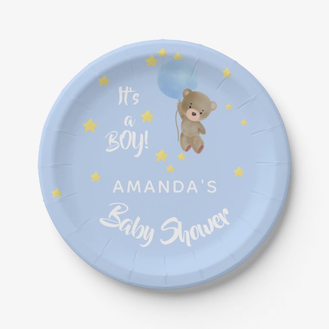 Baby shower teddy bear boy blue name paper plate (Front)